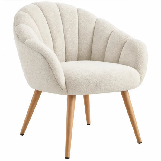 Crèmekleurige bouclé fauteuil met massief beukenhouten poten, 75 x 65 x 81 cm