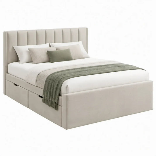 Beige gestoffeerd opbergbed met hoofdbord en 2 laden, 160 x 200 cm